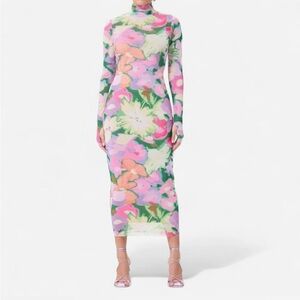 AFRM Floral Turtleneck Long-Sleeve Midi Dress - Pink, Green & Lavender